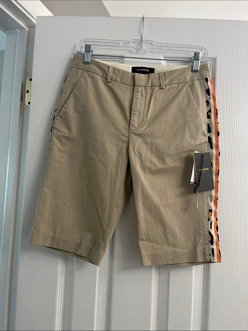 Le Superbe Women’s Tan Bermuda Shorts with Leopard-Trim Side Stripe